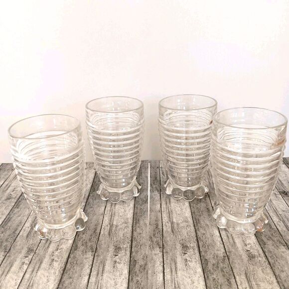 Set Of 4 Vintage Anchor Hocking Coronation Clear Glass Footed Tumblers - Picture 6 of 10
